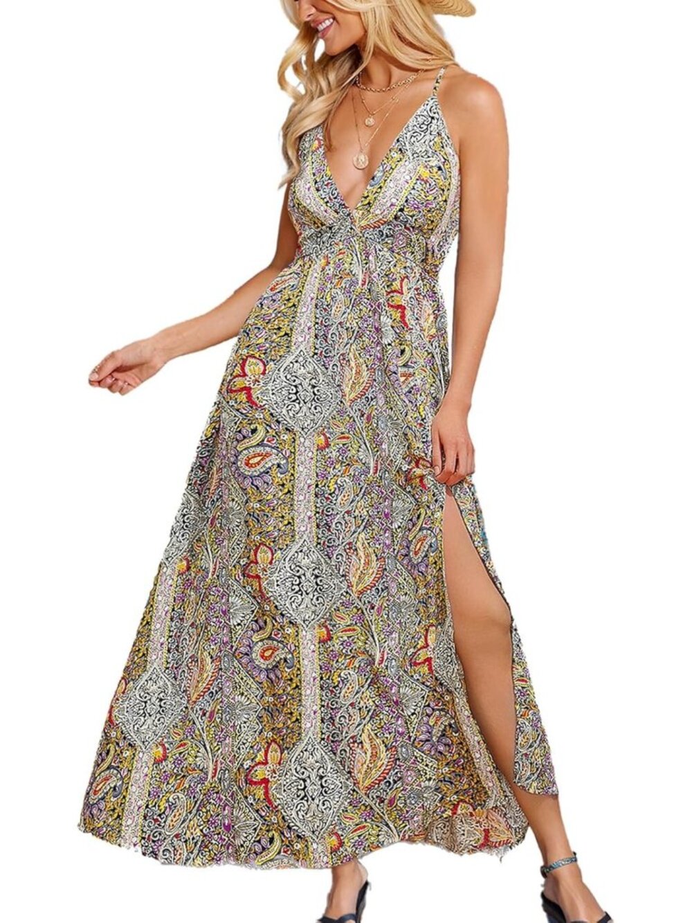 Women's Yellow V Summer Dress Floral Paisley Backless Spaghetti Strap Side
